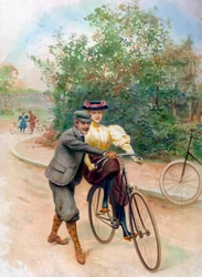 A lição da bicicleta, início do século XX (gravura)