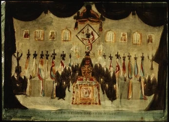 O corpo de Horatio Nelson (1758-1805) repousa no salão pintado do antigo Royal Naval College, em Greenwich. Durante o funeral, no terceiro dia, o lençol preto que cobre o caixão é retirado e guardas vestidos de preto colocam-se de cada lado do caixão.