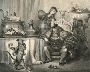O gato das botas encontra o Ogre. Gravura de Gustave Dore (1832-1883) de "Les contes" de Charles Perrault (1628-1703)