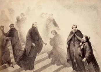 O espírito contemplativo de Pedro Damião desce de uma escada dourada, dirigindo-se a Dante. Ilustração do Canto XVI do Paradiso da Divina Comédia de Dante Alighieri. Obra de Francesco Scaramuzza dedicada ao Município de Florença.