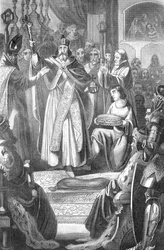 A coroação de Rodolfo I de Habsburgo (1218-1291) como rei dos Romanos em 24 de outubro de 1273 na Catedral de Aachen, Alemanha (Rodolfo I da Alemanha coroado na Catedral de Aachen em 24 de outubro de 1273). Gravura de «Bilder-Gallerie zur allgem», de