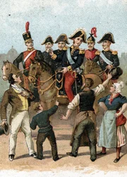 Entrada do Rei Carlos X (1757-1836) em Paris, em 1824, exclamando "não há qualquer mudança em França". Século XIX (cromolitografia)