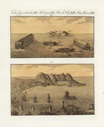As baterias flutuantes do exército britânico em Gibraltar em 1782. Uma barcaça de 210 canhões em dois níveis e outra barcaça de um só nível concebida pelo engenheiro francês de Arcon para bombardear a cidade. As baterias flutuantes da marinha britânica em 