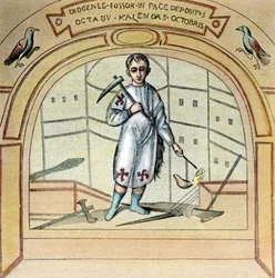 O fossor ou coveiro Diógenes como pintura mural na igreja de São Marcelino na Via Labicana em Roma, Itália, década de 1920