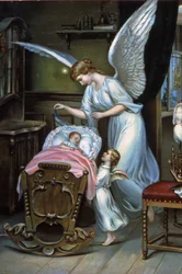 O anjo da guarda a olhar pelo recém-nascido, finais do século XIX (ilustração)
