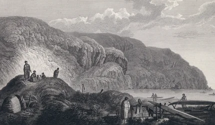 Os habitantes de Oonalashka (ou Unalaska, Alasca, Estados Unidos) e as suas casas. Gravura do final do século XVIII, segundo John Webber (1751-1793).