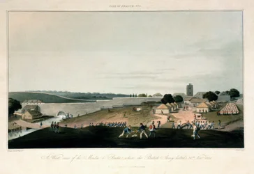 A Île de France (Maurícia), vista ocidental do moinho de Pondre, onde o exército britânico permanecia estacionado em 30 de novembro de 1810. Gravura a cores