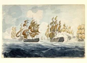 Manobra naval de Alexander Hood, Visconde de Bridport (1726-1814) ao largo da costa de Lorient (França), durante a batalha da Île de Groix (1795). Aguarela