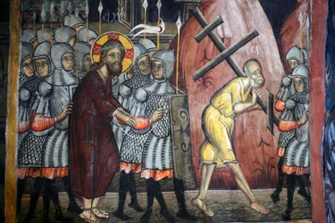 A paixão de Cristo Simão é carregar a cruz Bizantino fresco do mosteiro de Agios Ioannis Lampadistis, São João Lampadistis Século XI Chipre Igrejas pintadas UNESCO site Troodos, Chipre