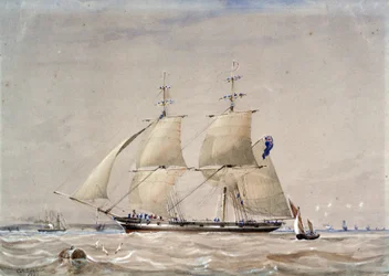 O veleiro HMS "Rolla", visto à primeira vista, no mar. Aguarela realçada com branco