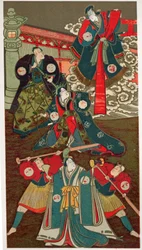 Cena de teatro, combates de samurais