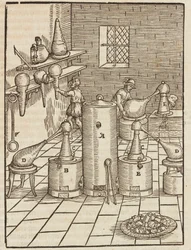 Tratamento para a separação de minérios de ouro e prata - Gravura a partir da descrição dos minérios e principais métodos de mineração, por Lazarus Ecker