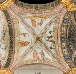 Transept sul do terceiro span oeste, Isaac pede a Exhaù para trazer-lhe caça, Rebecca veste Jacob com roupas de Exhaù, Jacob confundido com Exhaù dá comida a Isaac, Esaac retorna com caça, Catedral de Santa Maria Assunta, Duomo, Cremona, Lombardia, Itália 
