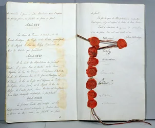 Tratado que estabelece a Bélgica como Estado Soberano, assinado a 15 de Novembro de 1831 na Conferência de Londres (caneta e tinta & cera sobre papel)