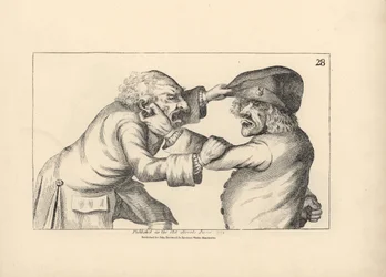 Dois rústicos, Hal e Dick, discutem por causa de um rumor de infidelidade sobre a mulher de Hal, Doll. Gravura em talhe-doce segundo uma ilustração satírica de Timothy Bobbin (John Collier) (1708-1786) de Human Passions Delineated, John Haywood, Manchester