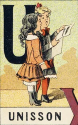U : Uníssono - Gravura extraída de ABCD des petites filles. Pellerin & Cie, editora de impressoras, Epinal, por volta de 1890. Serie A. Dimensões : 19 x 13,5 cm.