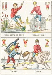 UVXYZ; U: Um, dois e três; V: Velocípede; X: Xeres; Z: Zephir - Alfabeto de Jogos, c.1890 (gravura)