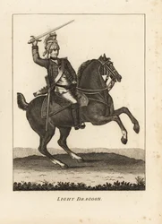 Uniforme de cavalaria Light Dragoon, com espada, mosquete e capacete