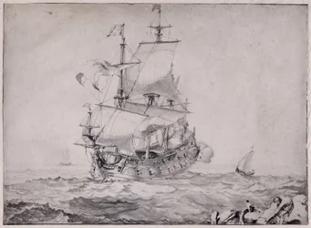 Navios no mar disparando o canhão - desenho de Pierre Puget (1620-1694) Século XVII Sol 23x32,5 cm Musee Grobet Labadie Marseille