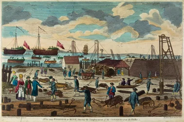 Vista perto de Woolwich, Kent, Inglaterra, representando a utilização de forças para construir pontões (navios desarmados utilizados como prisões flutuantes)