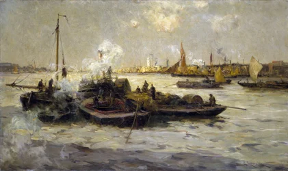 Vista de Limehouse, Inglaterra, com uma descrição da industrialização do Tamisa no final da era vitoriana (fim do século XIX) e de rebocadores, cortadores e barcaças; em segundo plano, a Torre Branca de São Jorge