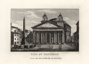 Vista do Pantheon com fonte, Fontana del Pantheon e obelisco Macuteo na Piazza della Rotonda, Roma