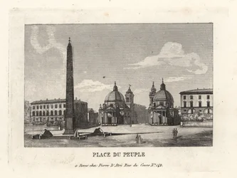 Vista da Piazza del Popolo, Place du Peuple, com um obelisco egípcio de Ramsés II de Heliópolis, Roma