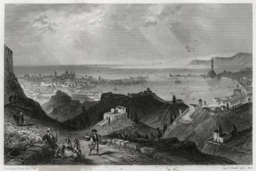 Vista da cidade e do porto de Genes, as citações eclatantes, a cidade de mármore, Genes-la-Superb, no livro sobre o Mediterrâneo de Louis Enault (1824-1900), jornalista e viajante francês.