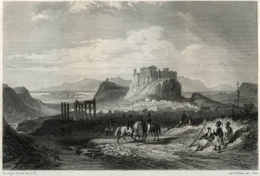 Vista da cidade de Atenas no século XIX, dominada pela Acrópole, no livro sobre o Mediterrâneo de Louis Enault (1824-1900), jornalista e viajante francês.