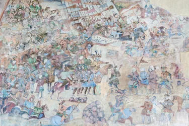 Pinturas murais no portal Qeysarieh, praça Naqsh-e Jahan Imam, Esfahan, Irão (fresco)