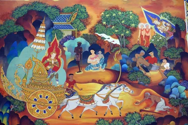 Wat Ananda Metyarama Thai Buddhist Temple. Vida da pintura do Buda, 20160818, Singapura, Singapura
