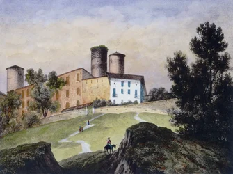 Estampa de aguarela de Francesco Gonin com o castelo de Castiglione Falletto onde é guardado