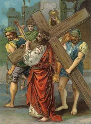 Via-Sacra - Via Crucis - Estações da Via-Sacra: segunda estação, Jesus carrega a sua cruz. Cromolitografia. Colecção particular