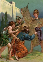 Via Sacra - via crucis - Estações da Cruz: terceira estação, Jesus cai pela primeira vez sob o peso da sua cruz (Jesus cai pela primeira vez) Cromolitografia Coleção particular
