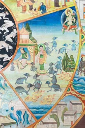 Roda da vida, detalhe, pintura de parede em wat Umong, Chiang Mai, Tailândia