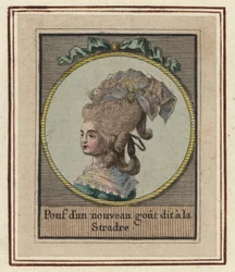 Mulher num novo estilo de pufe chamado Stradre. Puff com um novo gosto chamado Stradre. Gravura em chapa de cobre colorida à mão, de artista desconhecido, de um Álbum de Penteados da Moda de 1783, Suite des Coeffures a la Mode en 1783, Enauts et Rapilly, P
