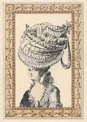 Mulher com um enorme chapéu chamado "Felicidade do Século". Litografia colorida à mão por de Laubadere de Octave Uzane de Stylish Hairstyle or Eccentric Finery from the era of King Louis XVI, Hairstyles de Style, La Parure Eccentric, Rouveyre, Paris
