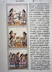 Mulheres preparando festa, Livro IV do Códice Florentino, Versão bilíngüe em espanhol e Nahuatl, História Geral das Coisas da Nova Espanha (Historia general de las cosas de Nueva Espana), civilização asteca