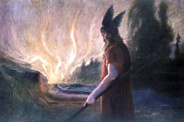 Wotan em frente à estaca Brunnhild, início do século XX (cartão postal)
