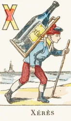 X : Xeres, um menino está segurando nas costas uma grande garrafa de vinho - Jogos Alfabeto, c.1890 (gravura)