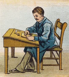 Xylographer no seu estúdio. Gravura em "Alfabeto de ma petite fille". Bernardin-Bechet e Fils, livreiro-publicador, Paris, por volta de 1895. Álbum inquebrável em lona. Bibliotheque des Bebes. 12 páginas. Álbum contendo um método de leitura e uma ilustraçã
