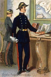 Y: Escola Politécnica. Gravura em "Alfabeto Militar" . Iniciais do Ilustrador: A. D. Editora desconhecida. Cromolitógrafos do final do século XIX. Dim: 10,5x7cm .