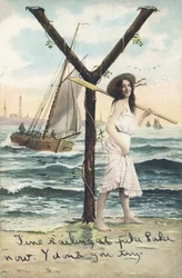 Y : Uma mulher descalça, com um vestido sem mangas curtas, segura um remo no seu ombro esquerdo. Decoração marinha - Alfabeto caracteres Ref Th. E., L. Theochrom - Serie 994. Theodor Eisman, editor, Leipzig