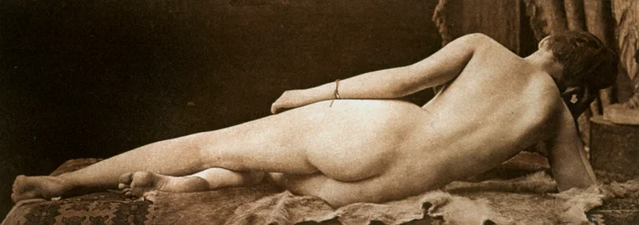Mulher jovem nua vista por trás, deitada sobre uma pele de animal