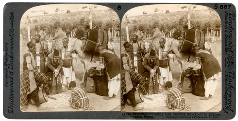Especialistas que compram casulos de seda, para exportação para França, Antioquia, Síria, década de 1900.