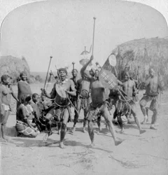 Esportes heróicos do Kraal, uma dança de guerra zulu, Zululândia, África do Sul, 1901