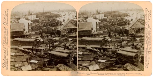 Olhando para o rio Pearl Zhu Jiang no cantão de Guangzhou, China, 1900