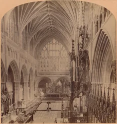 O coro do extremo oeste, Catedral, Exeter, Inglaterra, 1900.