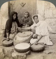 Mulheres moendo na fábrica, Palestina, 1900.