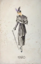 Modelo usando um casaco e um chapéu com penas, carregando um guarda-chuva, 1920